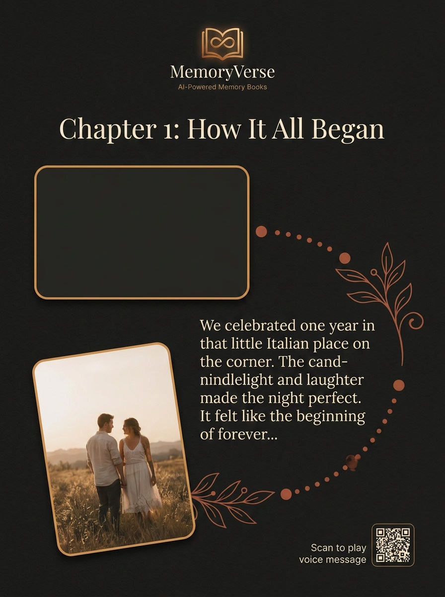 A sample MemoryVerse memory book page — beautifully designed layout with AI-written story chapters and a timeline